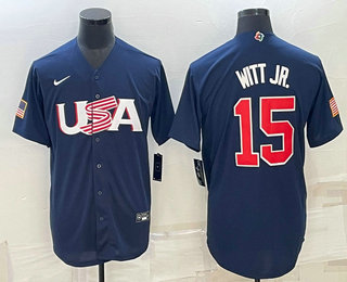 Mens USA Baseball #15 Bobby Witt Jr 2023 Navy World Baseball Classic Stitched Jerseys